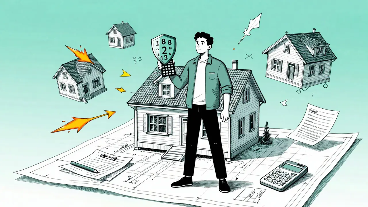 Strategische Szene: Eine ruhige Figur schützt sich mit einem Zahlen-Schild vor emotionalen Impulsen bei der Immobilienanalyse.