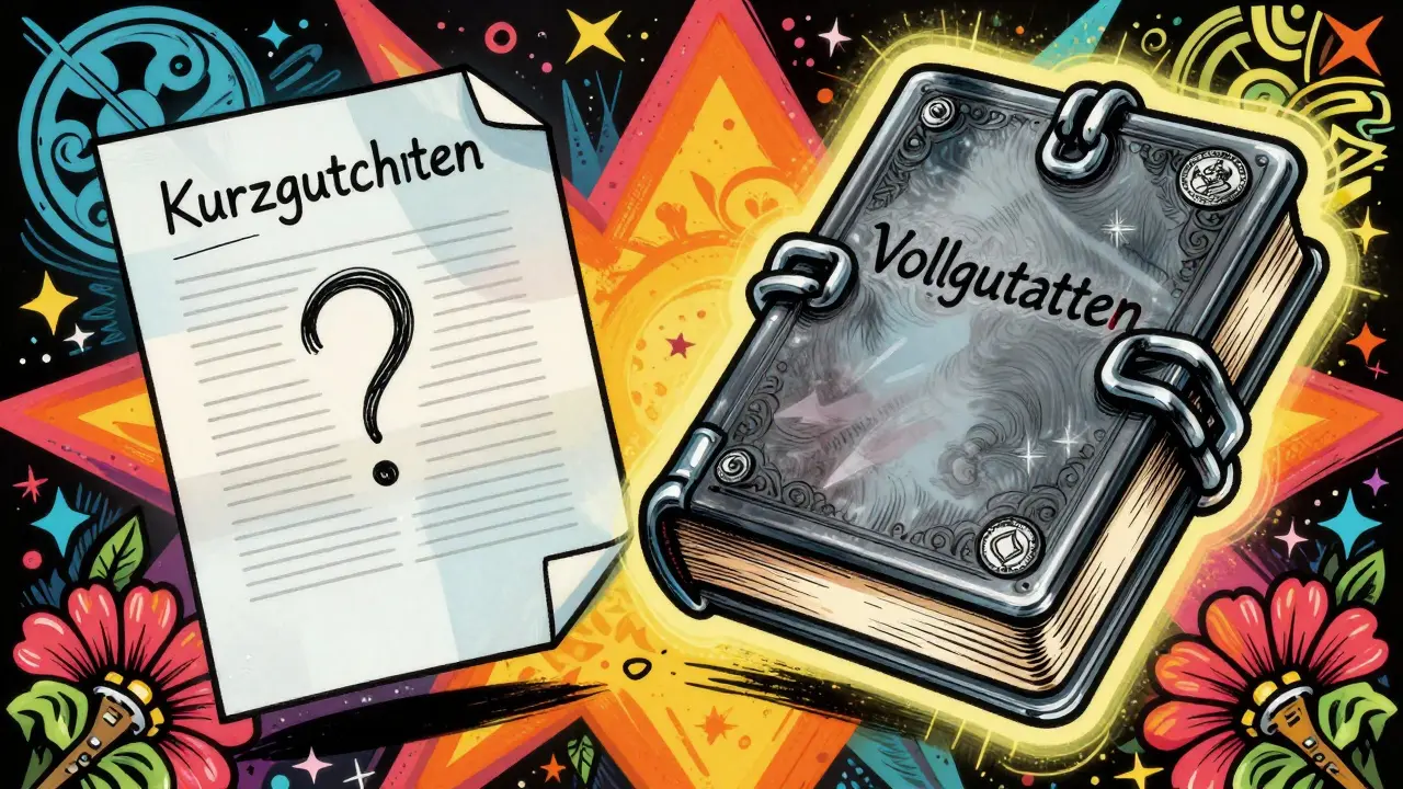 Vergleich eines dünnen, unsicheren Dokuments mit einem schweren, behördlichen Gutachten