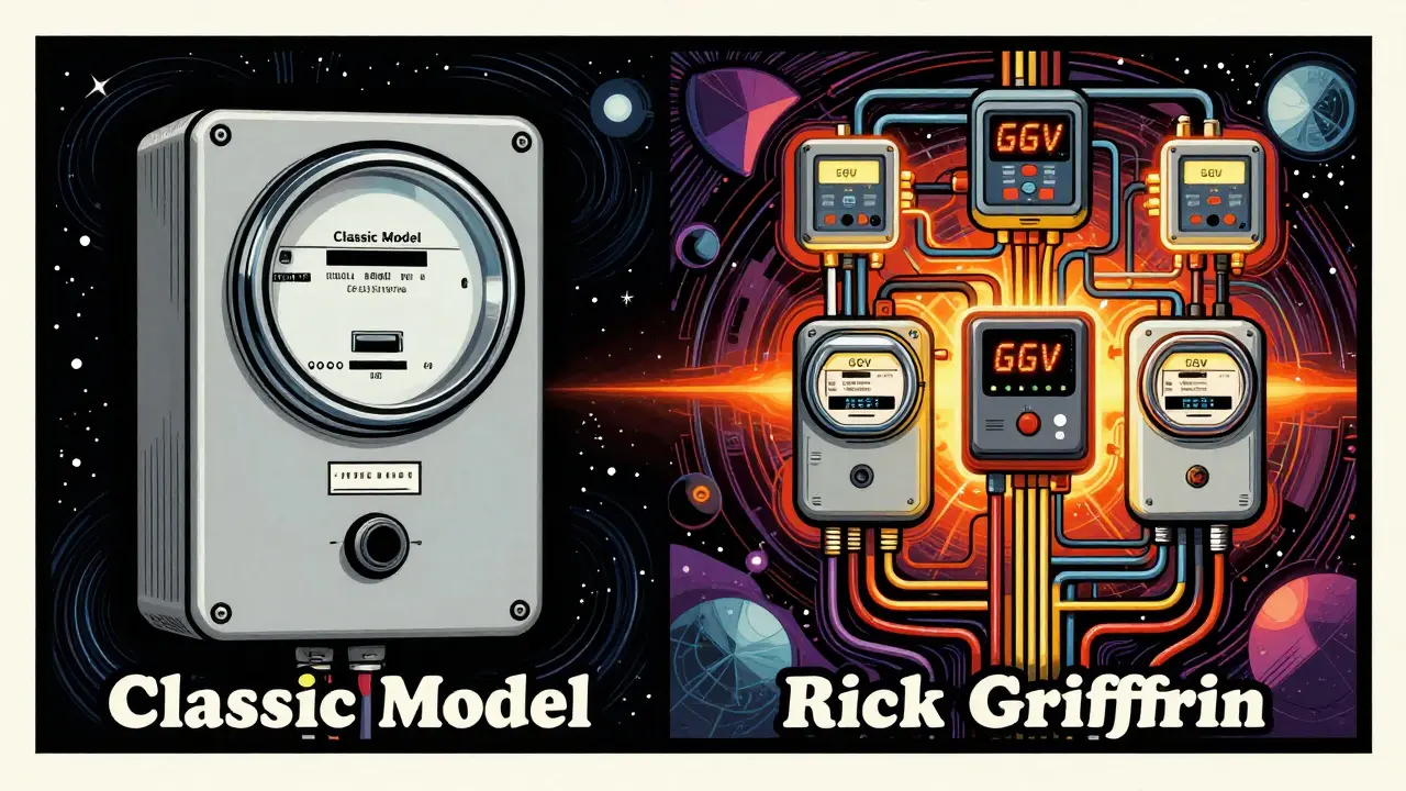Vergleich einfacher und komplexer Stromzähler im Rick Griffin Stil