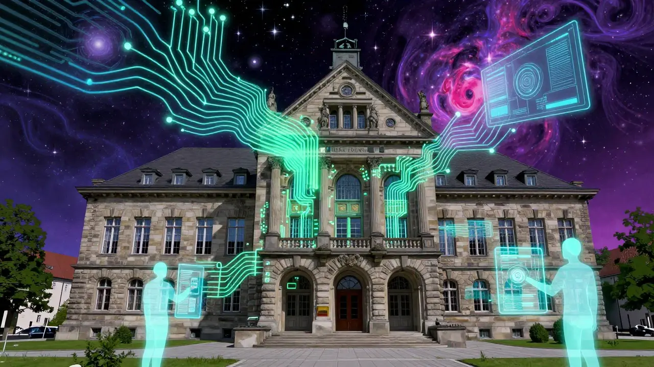 Abstrakte Darstellung der Digitalisierung von Rathäusern mit futuristischen Lichtmustern und Datenströmen.
