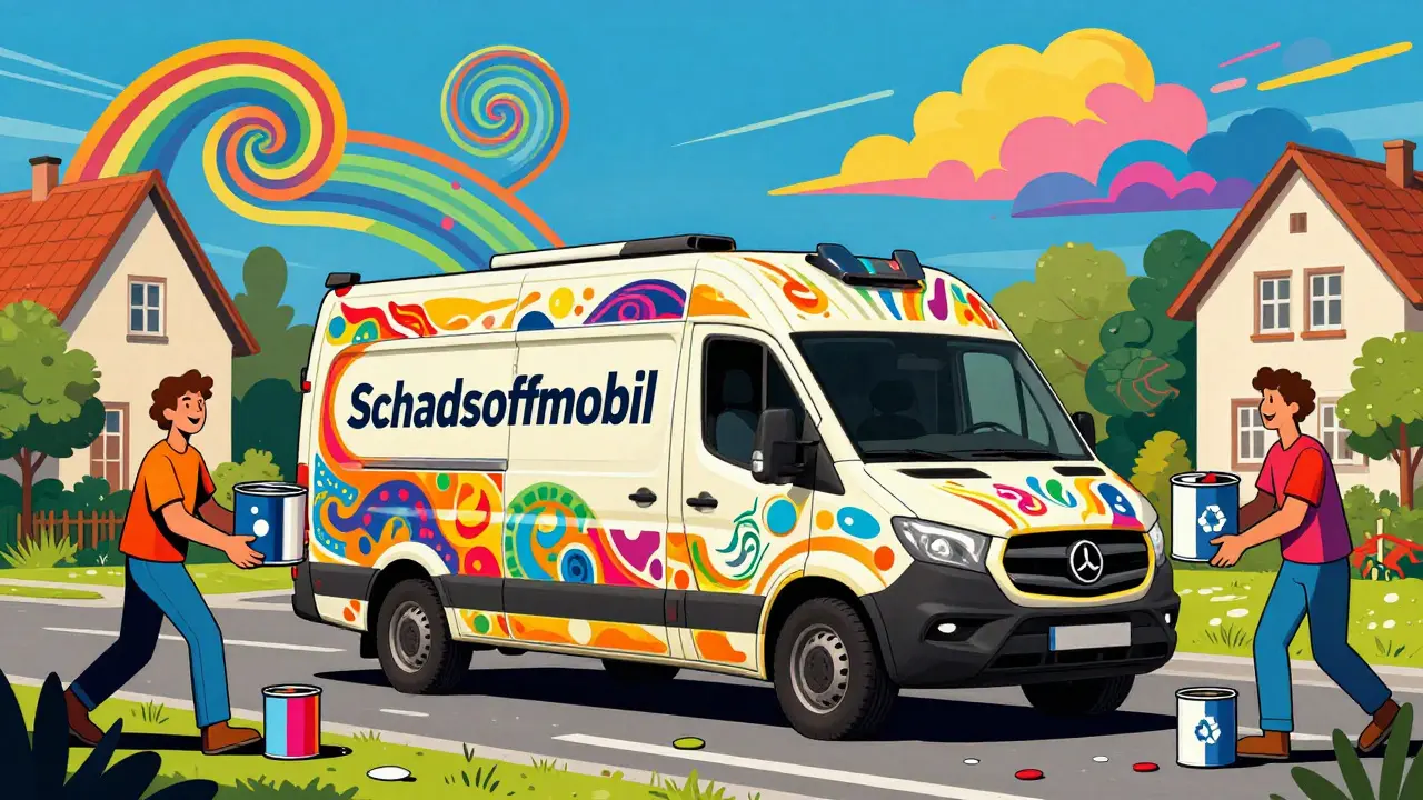 Bunte Illustration eines Schadstoffmobils bei der Abholung von Altfarben