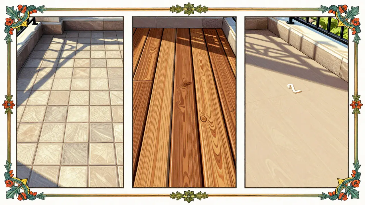 Bunte Illustration: Fertiggestellter Balkon mit Fliesen, Holz und Harzbelag