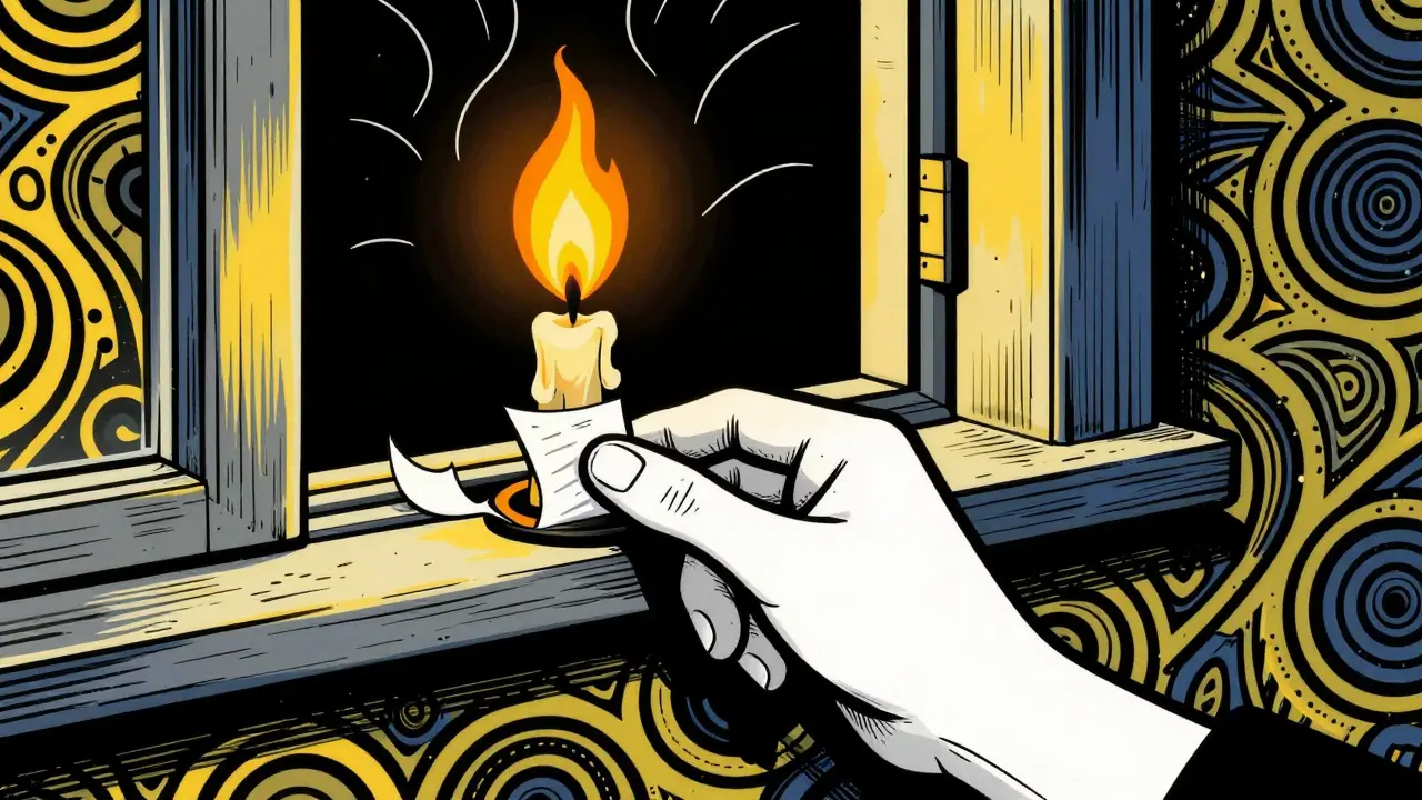 Candle test and paper test for detecting window drafts in cartoon style