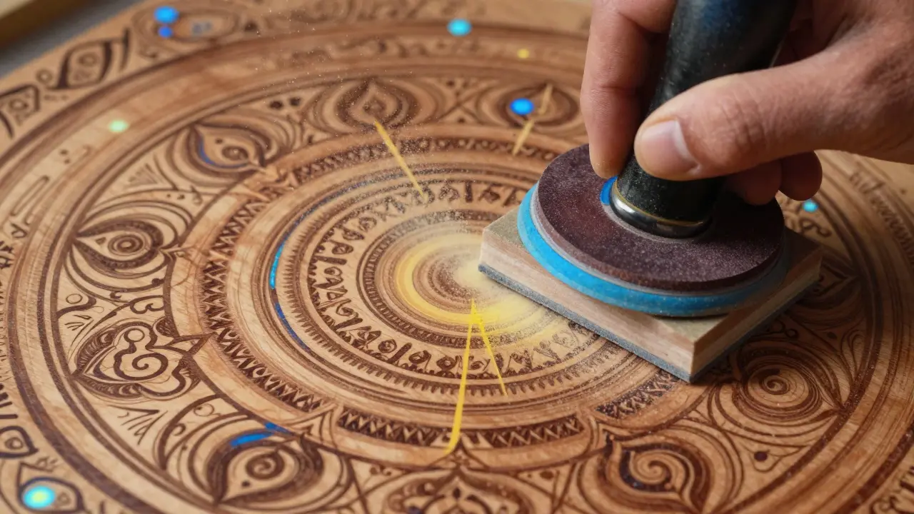 Detailansicht des Schleifens: Holzmaserung verwandelt sich in tribale Muster und geometrische Staubpartikel.