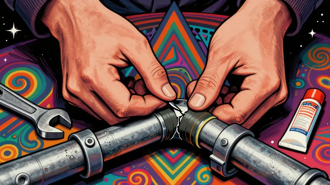 Detailansicht einer provisorischen Rohrrichtung mit Werkzeugen und bunten, psychedelischen Mustern im Cartoon-Stil.