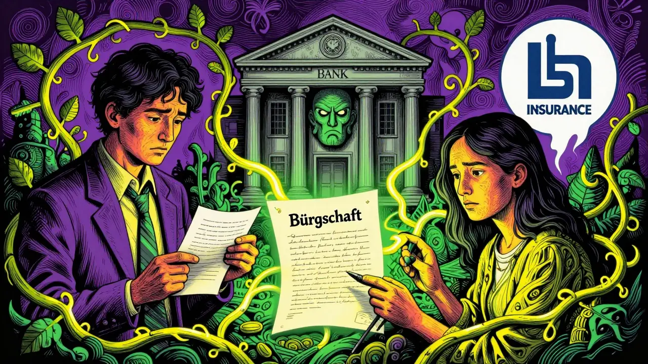 Drei Bürge-Formen (Eltern, Bank, Versicherung) verbunden mit Vertrag im Rick Griffin Stil