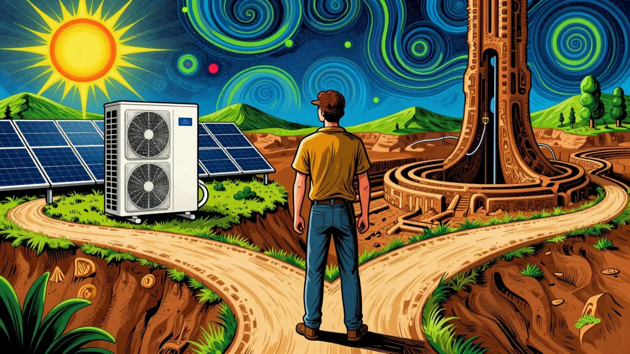 Entscheidungshilfe zwischen Luft- und Erdwärmepumpe im Retro-Cartoon-Look