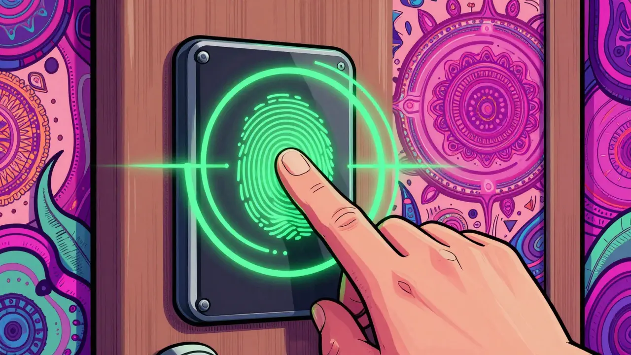 Fingerabdrucksensor auf einer Türklinke im psychedelischen Stil