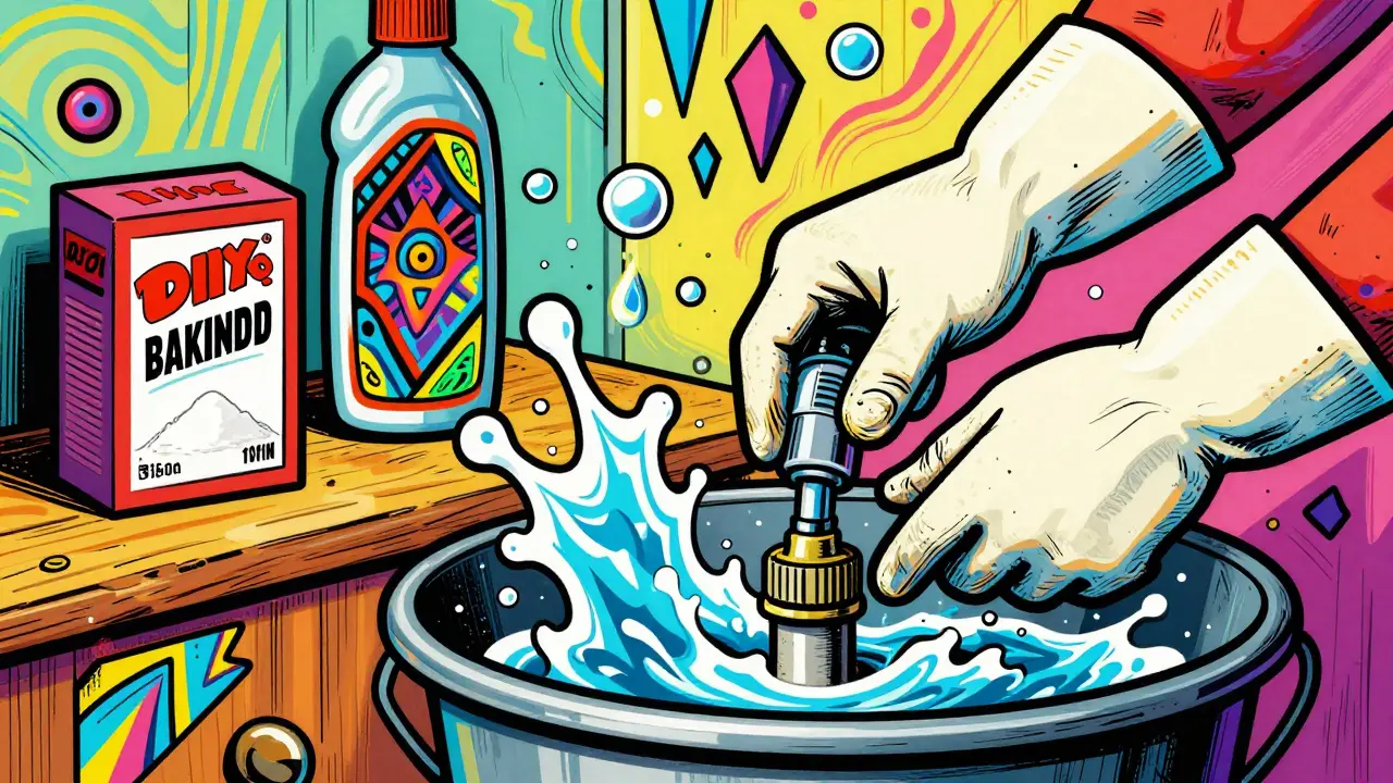 Illustration der Reinigung eines Siphons mit Haushaltsmitteln