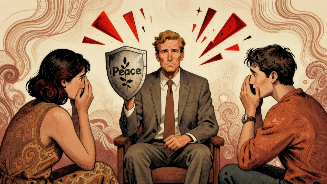 Illustration eines Maklers als Mediator zwischen emotional belasteten Kunden.