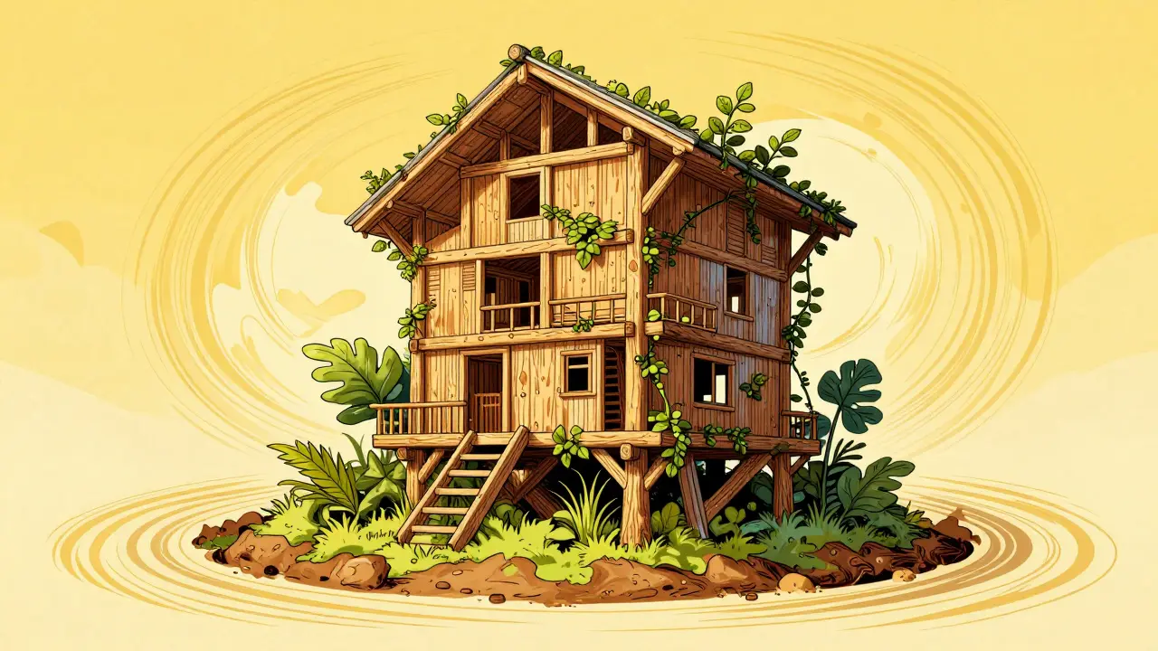 Illustration eines nachhaltigen Holzbaus, umgeben von Naturmustern, der Kreislaufwirtschaft im Rick Griffin-Stil darstellt.