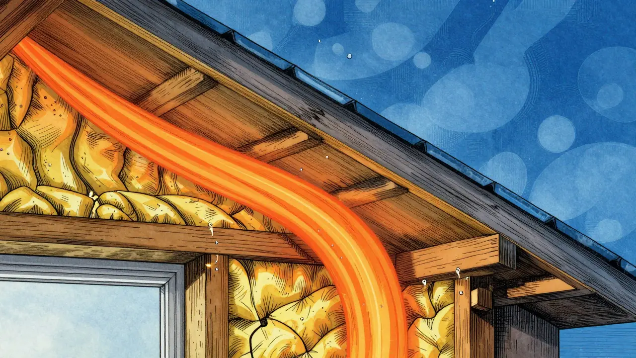 Illustration showing air leaks and condensation in roof