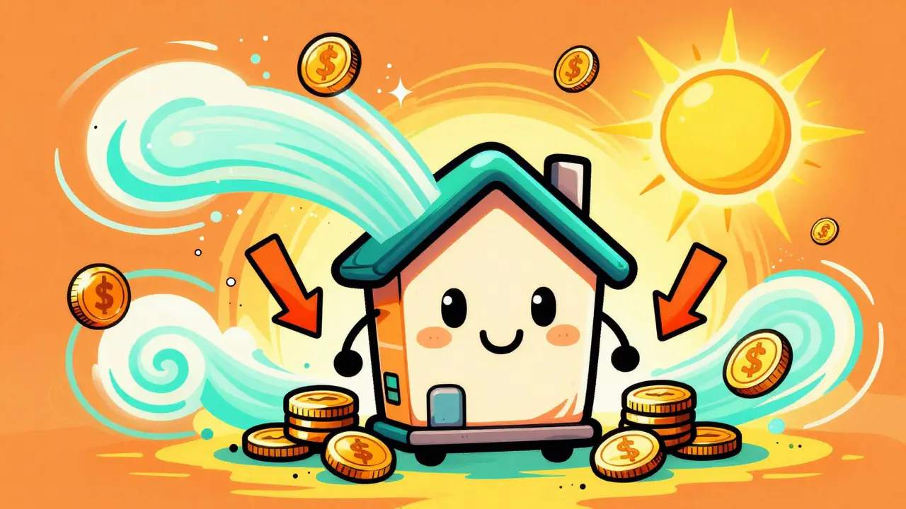 Karikatur eines Hauses mit Münzen zur Darstellung von Energieeinsparung