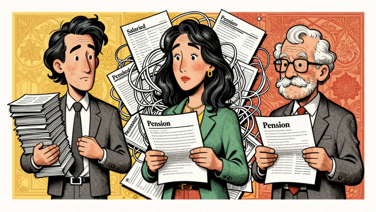 Karikatur von Angestellten, Selbstständigen und Rentnern mit Finanzdokumenten