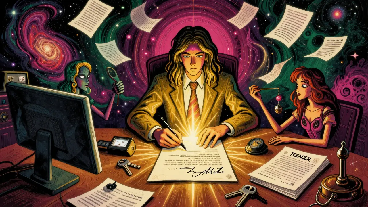 Notartermin und Schlüsselübergabe bei Immobilienverkauf im psychedelischen Stil