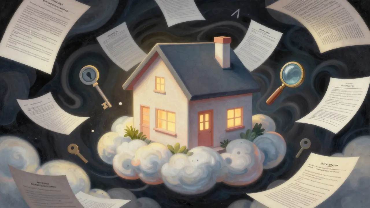 Psychedelisches Haus umgeben von Immobilienpapieren und Energieausweisen