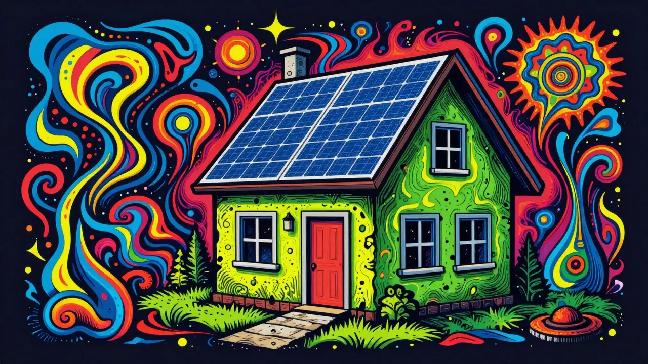 Psychodelische Illustration eines energetisch sanierten Hauses