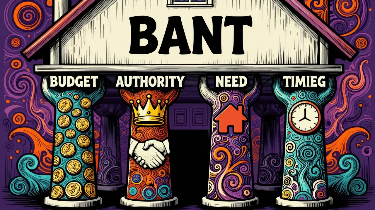 Vier stilisierte Säulen des BANT-Modells stützen ein Haus