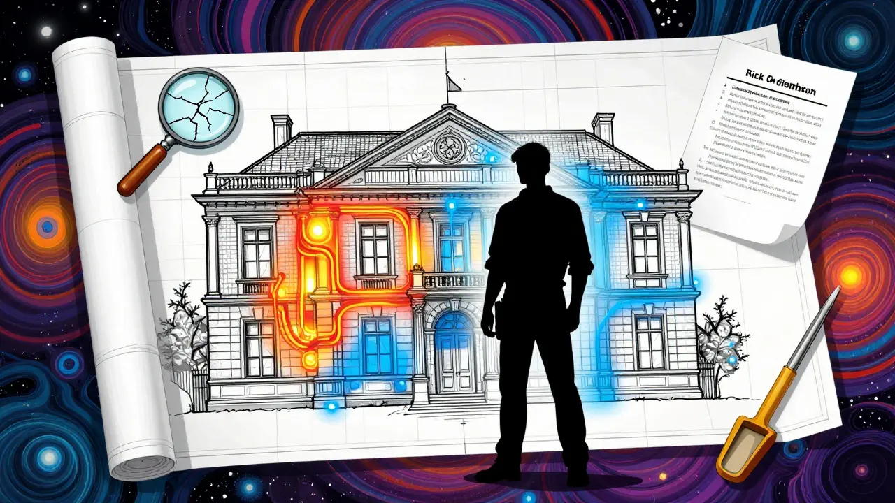 Abstrakte Darstellung der bauphysikalischen Planung bei Innendämmung
