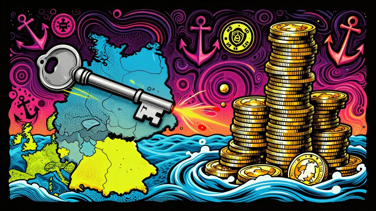 Abstrakte Darstellung maritimer Investitionen mit Schlüsseln und Münzen