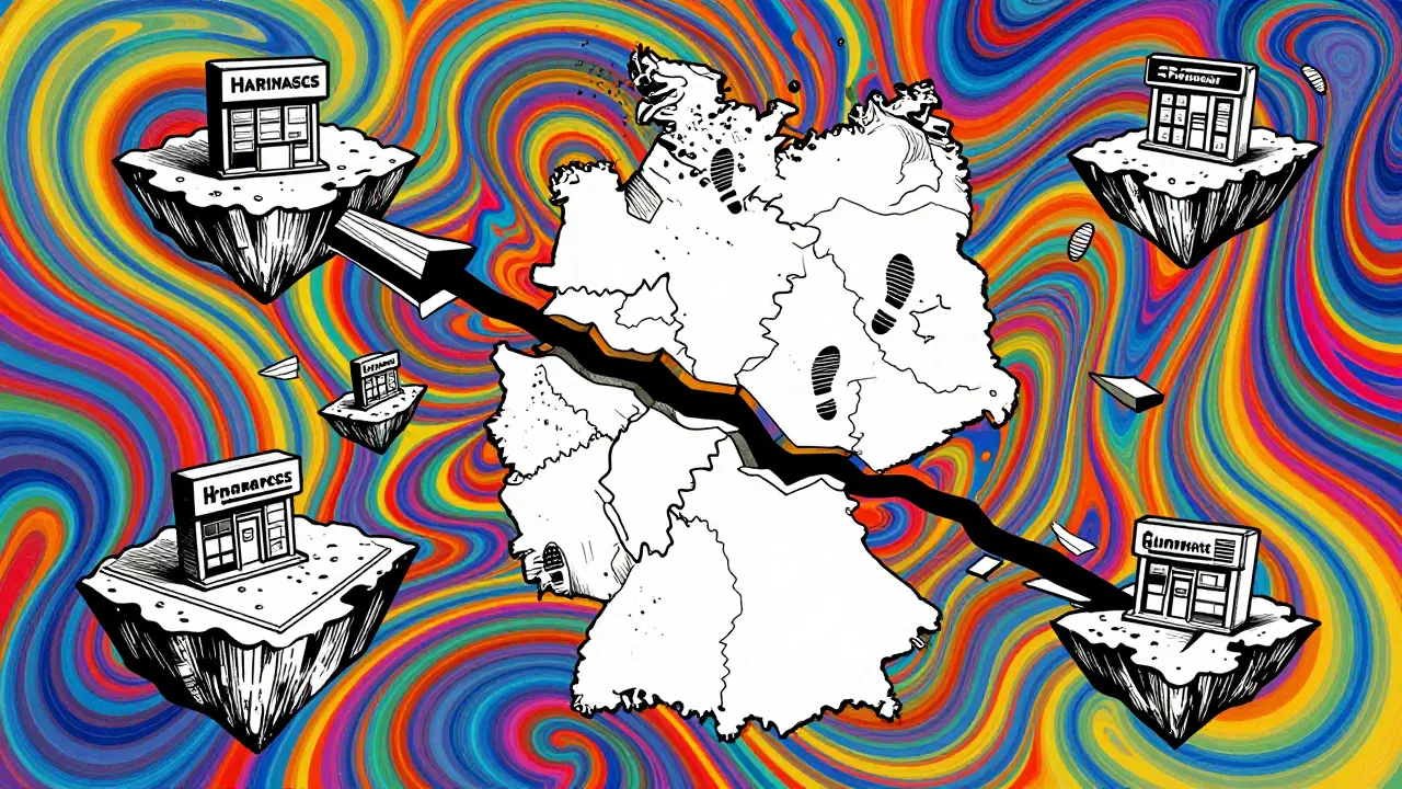 Abstrakte Darstellung schließender Apotheken als zerfallende Landkarte