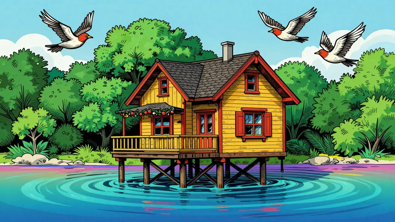 Buntes Cartoon-Haus am Wasser mit psychedelischen Mustern und Vogelmotiven