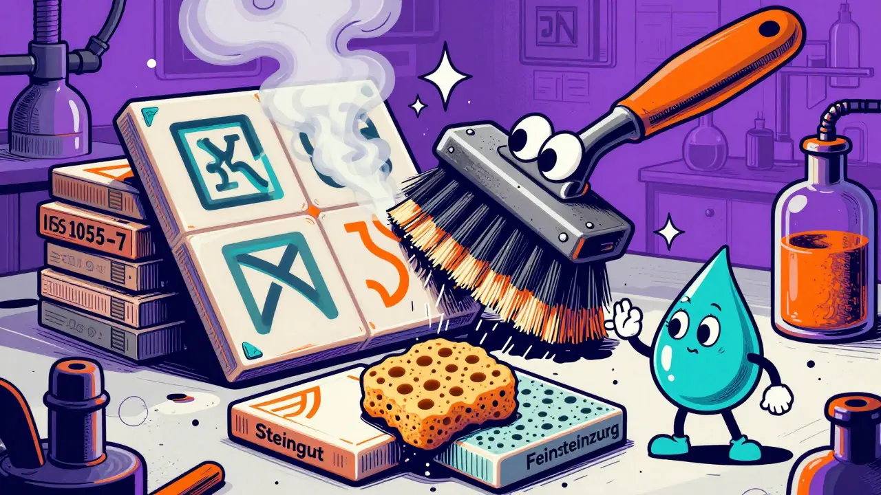Cartoon Lab: Steel brush testing tile durability and water absorption concepts