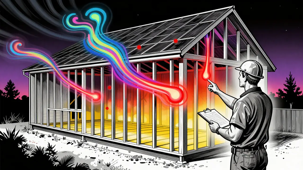 Energieberater prüft Wärmeverluste in einer stilisierten Hauswand-Darstellung