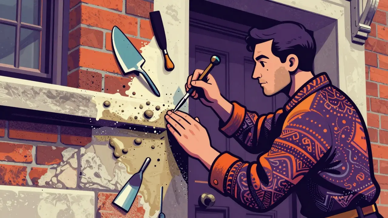 Handwerker restauriert historische Fassade im stilisierten Illustrationsstil