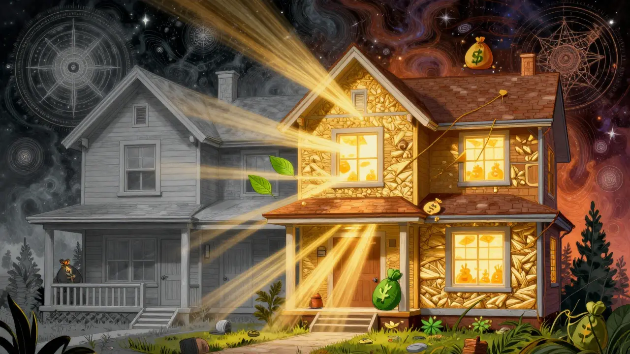 Haus wird durch Sanierung von grau zu warm und effizient im psychedelischen Stil