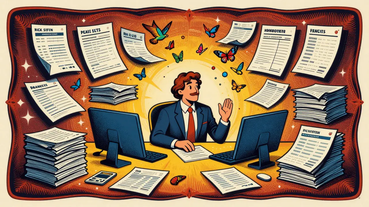 Käufer organisiert Unterlagen für Bankberatung in psychedelischer Illustration