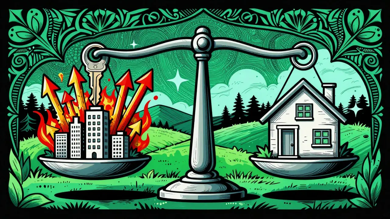 Konzeptuelle Waage mit Stadtschlüssel und Landhaus-Schlüssel, psychedelische Muster