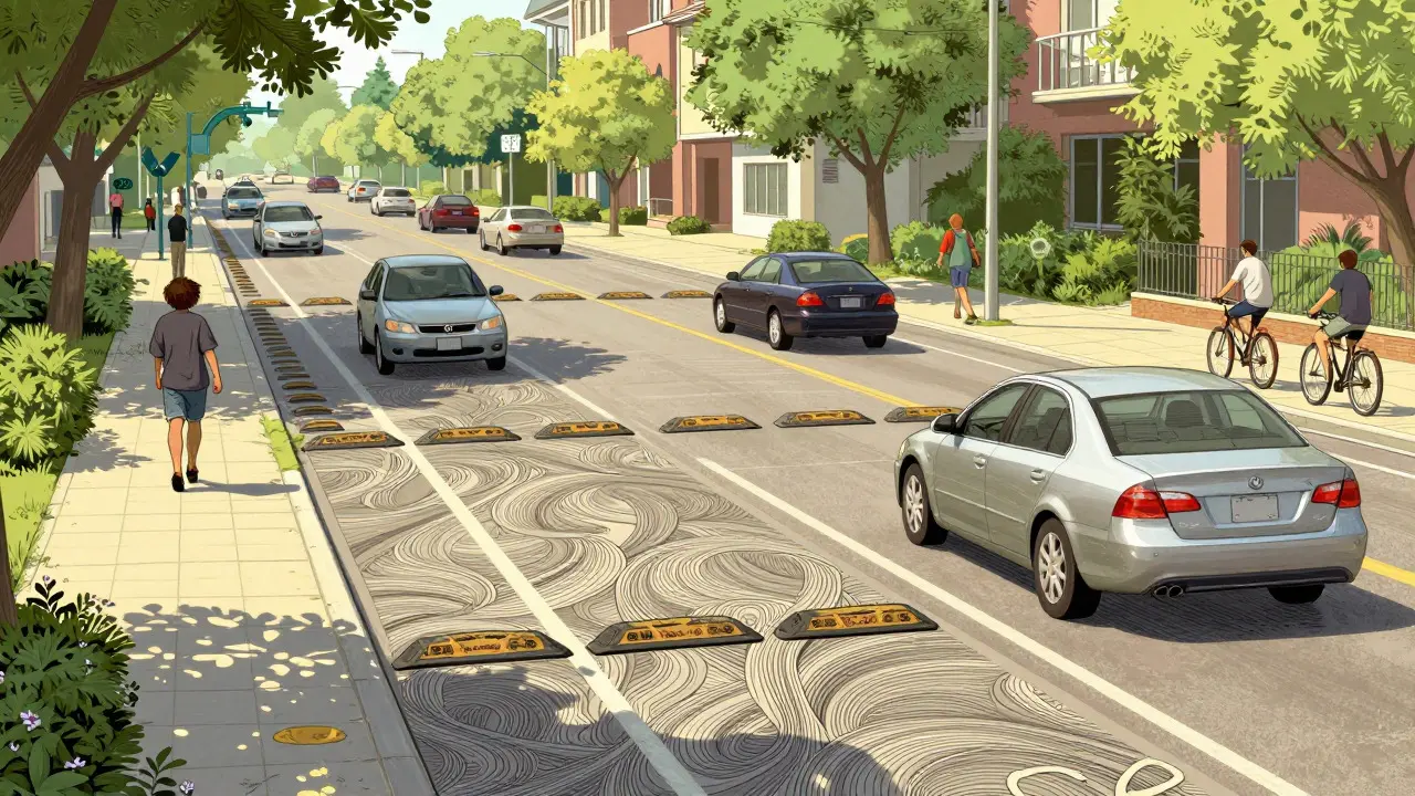 Künstlerische Darstellung: Sichere Straße mit Verkehrsberuhigungsmaßnahmen