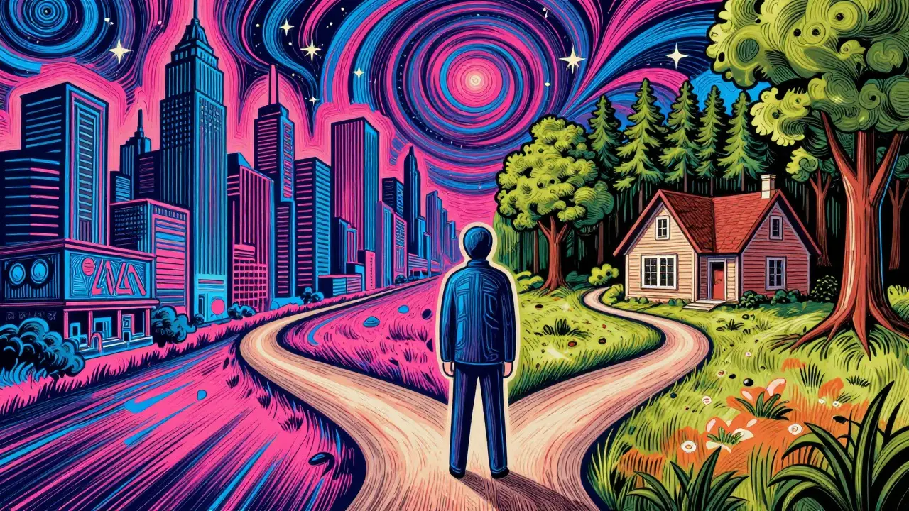 Person an einer Kreuzung zwischen pulsierender Stadt und ruhigem Dorf, bunte Illustration