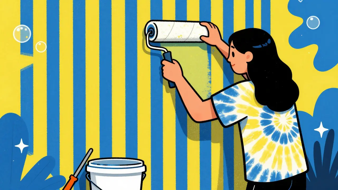 Person gestaltet eine Wand mit Musterwalze in bunter Cartoon-Illustration