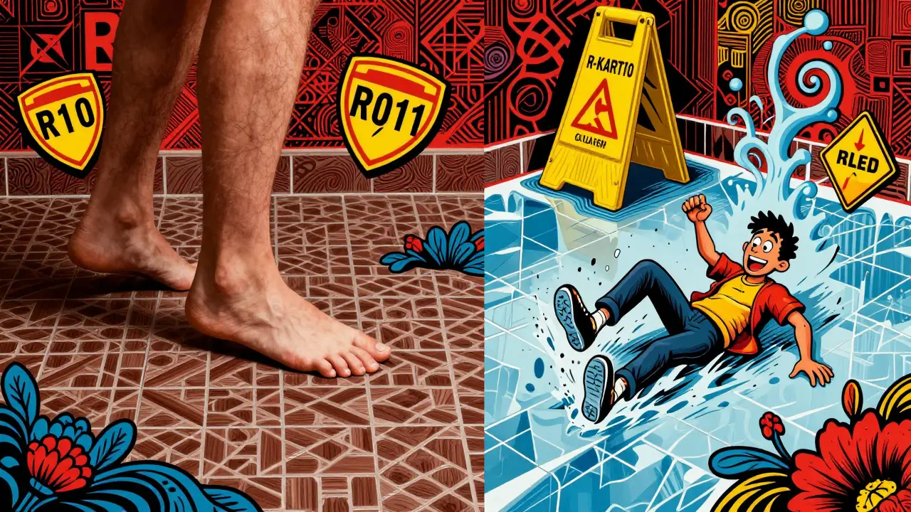 Surreal Art: Safe matte tiles vs slippery glazed surfaces with slipping figures
