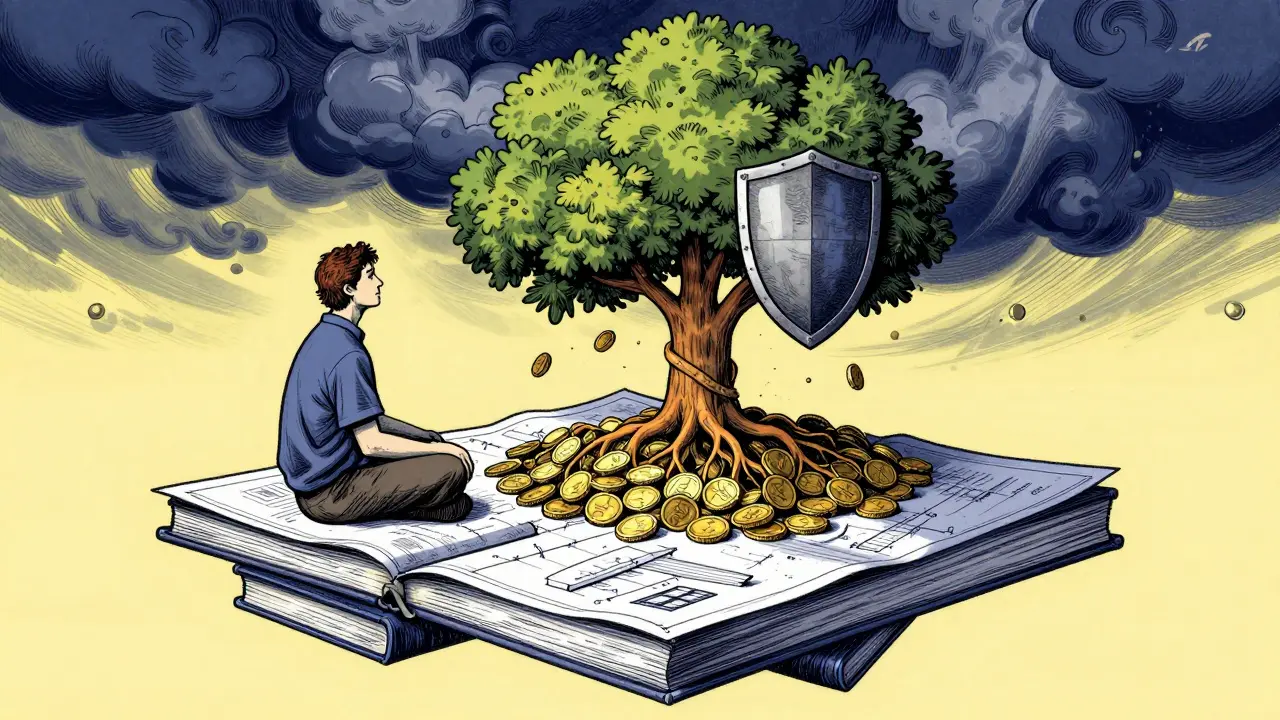 Surreale Szene eines ruhigen Investors unter einem wachsenden Baum aus Münzen
