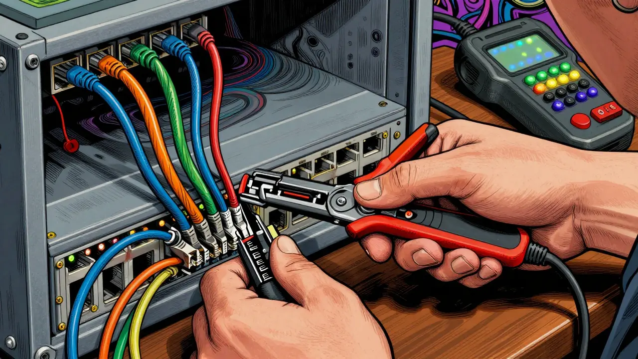 Techniker verlegt Netzwerkkabel am Patchpanel mit Werkzeugen im detaillierten Illustrationsstil.