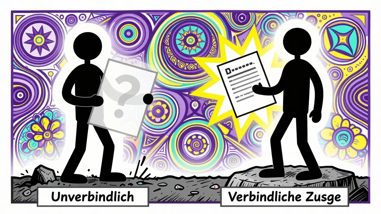Vergleich unverbindlicher und verbindlicher Finanzierungszusage im Cartoon-Stil