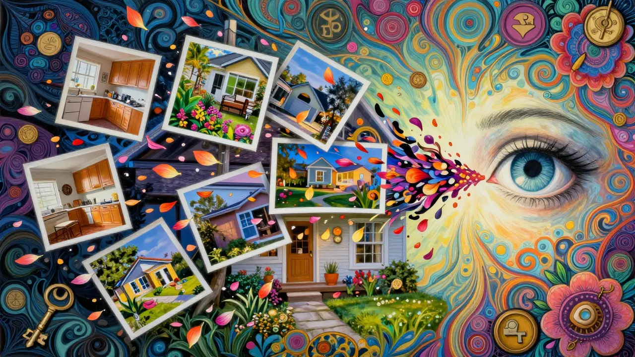 Abstract Art: House bursting into colorful, detailed photo frames