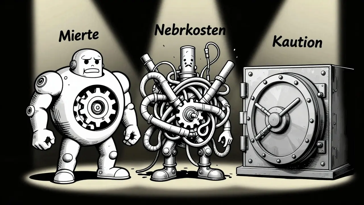 Abstrakte Figuren symbolisieren Miete, Nebenkosten und Kaution im Cartoon-Stil