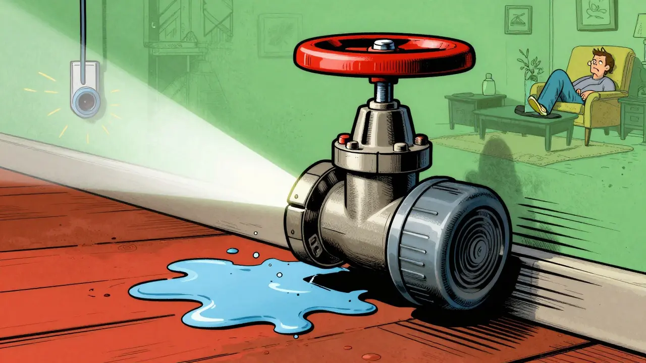 Cartoon showing an automatic water shutoff valve closing to stop a leak