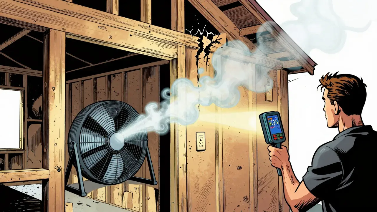 Comic-style depiction of a blower door test detecting air leaks with visible smoke streams in a house