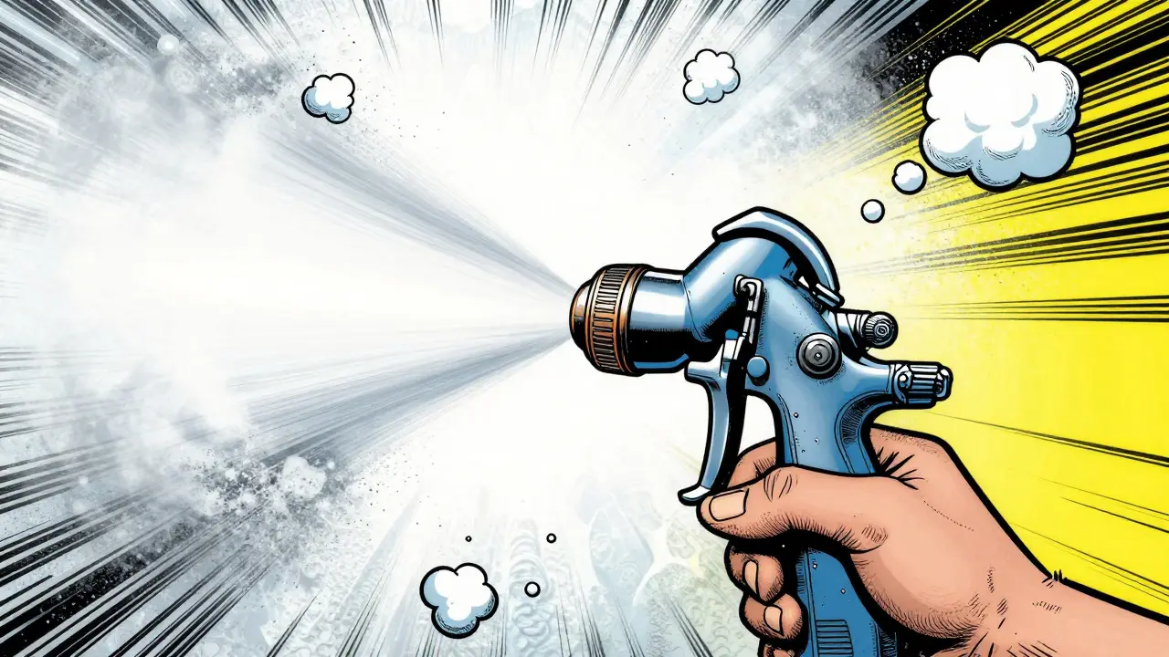 Detailansicht einer Airless-Spritze bei der Arbeit mit Sprühnebel-Effekt