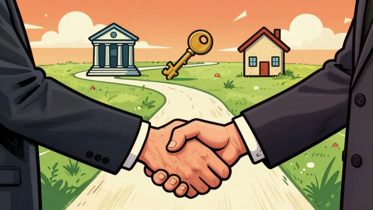 Handshake after signing a property contract with a symbolic path showing future steps
