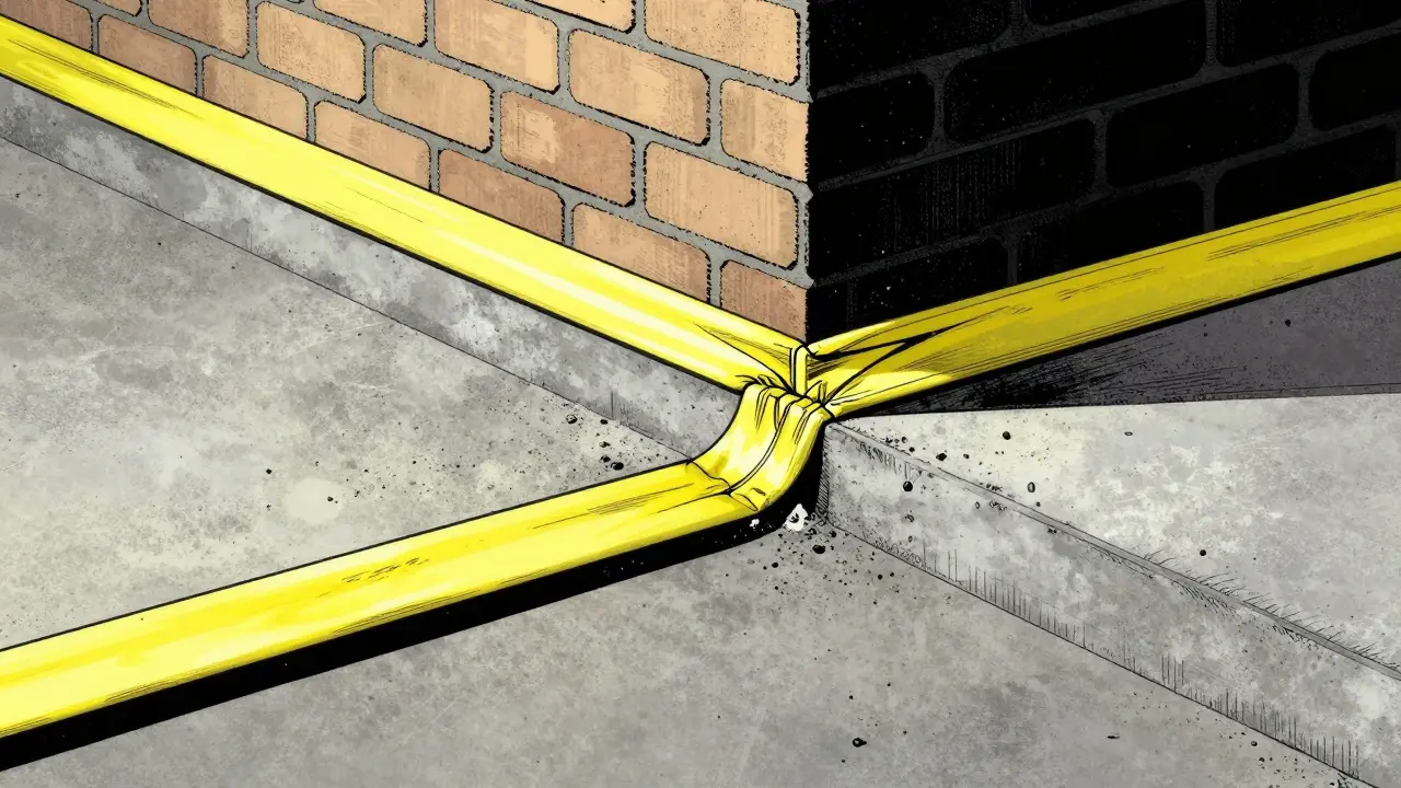 Illustration of a building foundation cross-section highlighting airtight sealing at the wall-floor junction