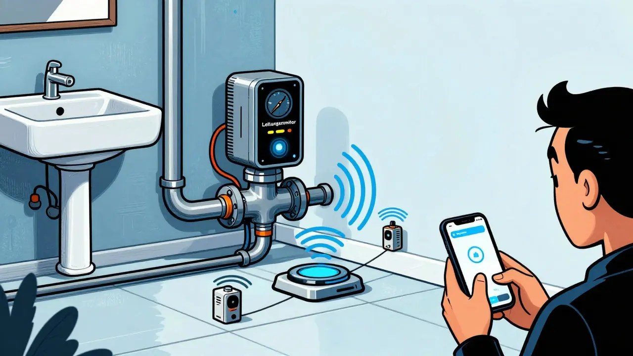 Illustration of a smart home pipe system with a pressure monitor and multiple sensors
