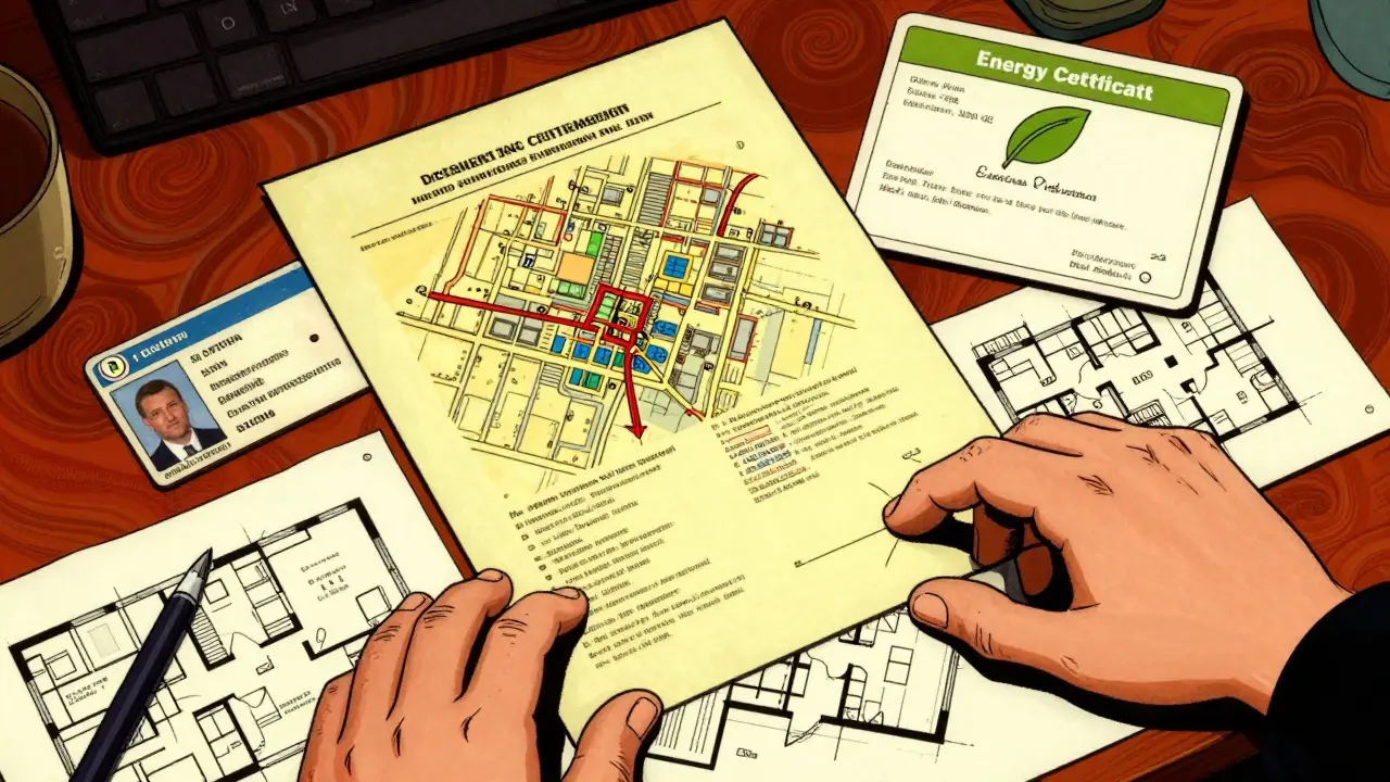 Illustration of essential real estate documents like IDs and maps spread out on a desk