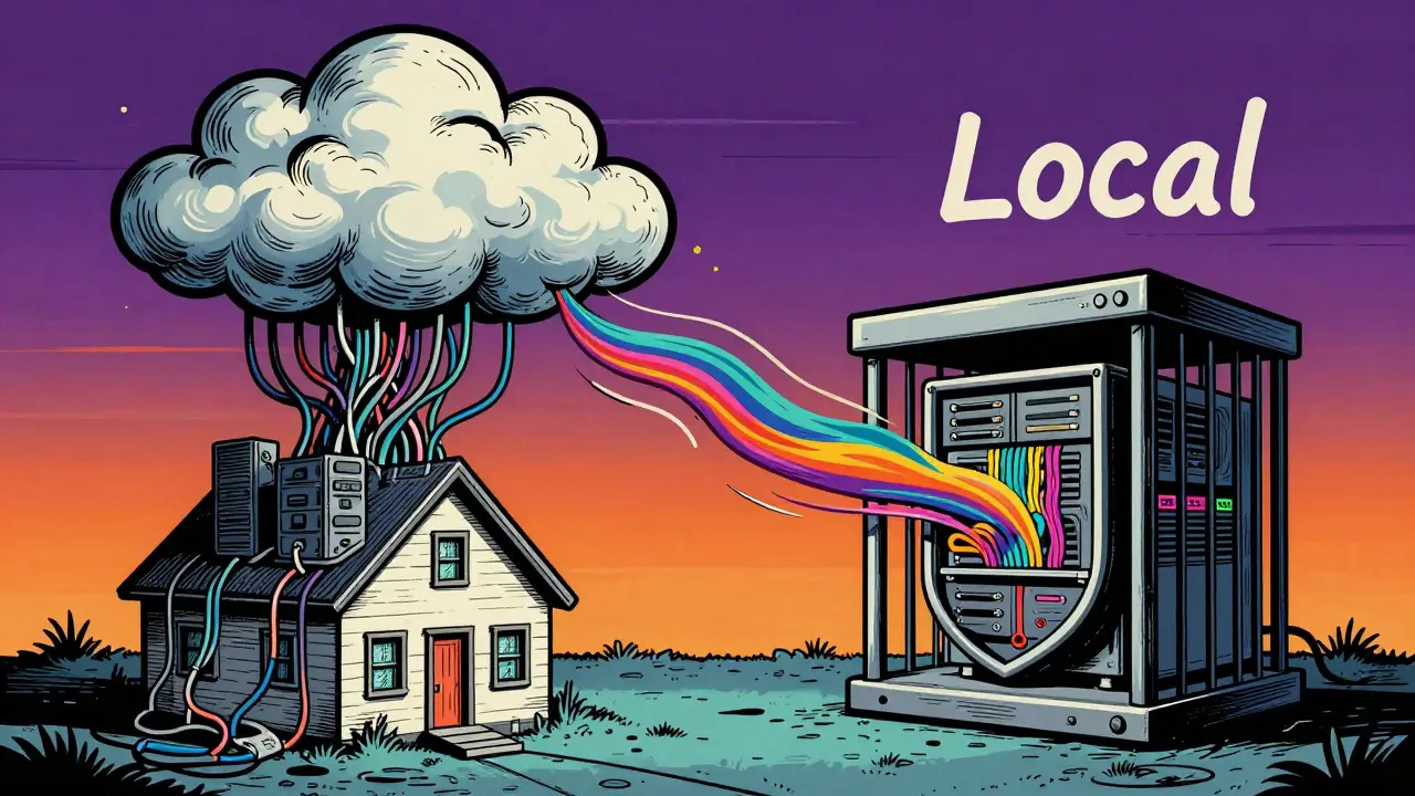 Konzeptkunst zeigt den Konflikt zwischen Cloud-Servern und lokaler Datenspeicherung im Retro-Futurismus-Stil