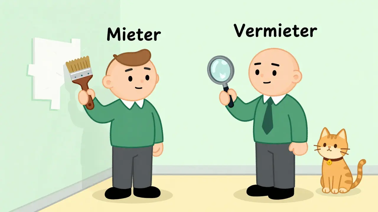 Mieter und Vermieter prüfen gemeinsam den Zustand der Wohnung mit Werkzeug